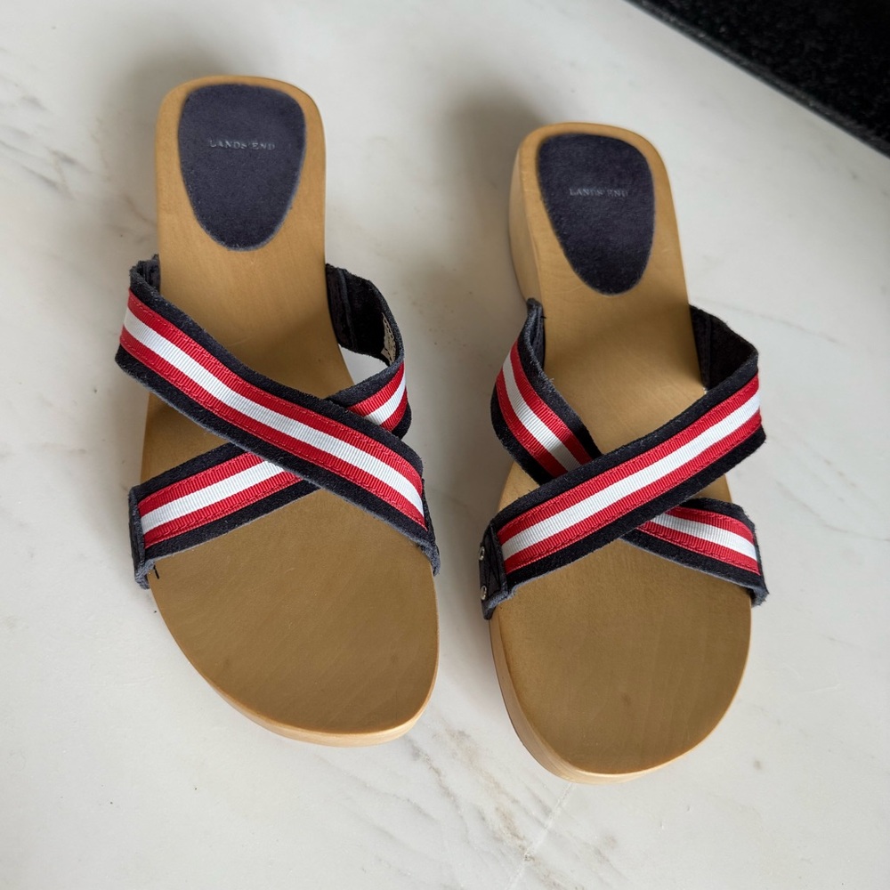 NWT Lands' End Wooden Sandals Slide Women Big Girls Slippers Criss-Cross Size 6